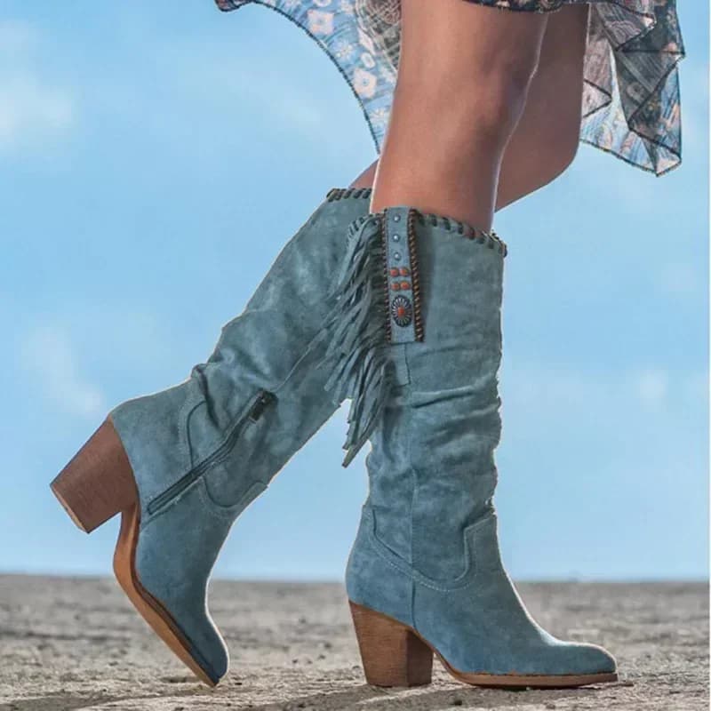 Mulheres botas altas tendência retro fivela de metal apontou dedo do pé salto grosso borla ocidental botas de cowboy sapatos femininos botas de mujer 2024