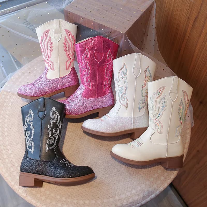 Meninas botas da criança engrenagem de neve meados de bezerro glitter ocidental cowboy bota 2025 outono grande criança equitação meninas botas tamanho 27-36 crianças sapatos
