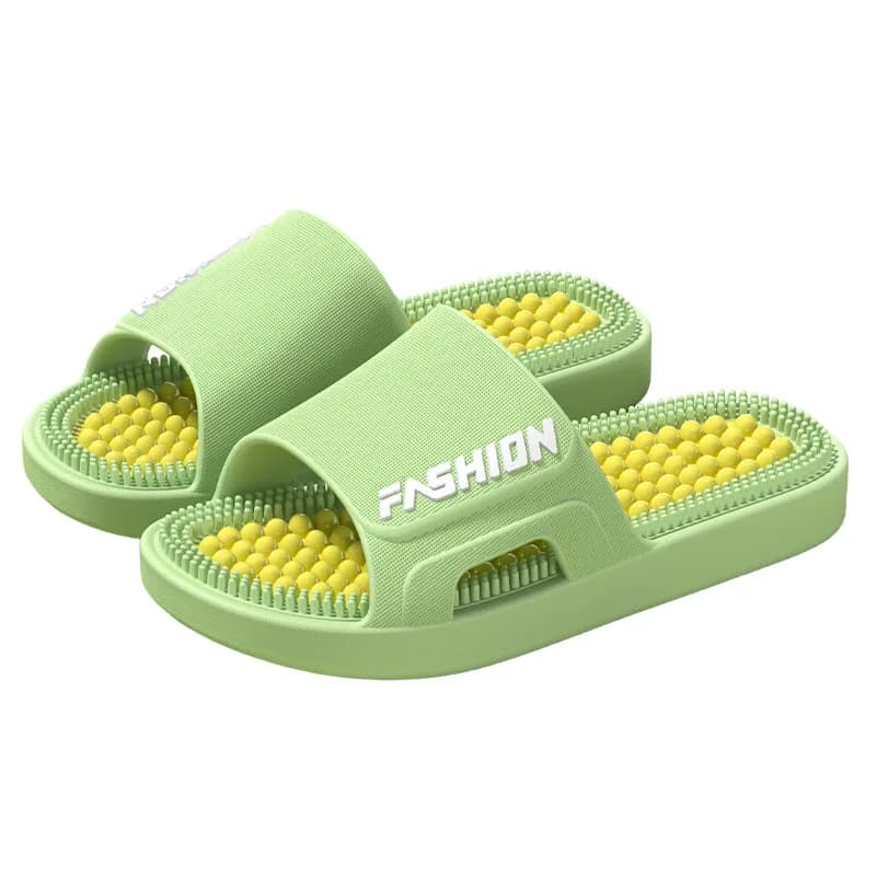 Par de chinelas de massagem EVA verdes com esferas amarelas e logo Fashion na tira superior