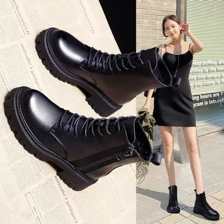 Outono novas botas de comprimento médio preto anti deslizamento na moda calçados moda rendas botas senhoras sapatos casuais de salto grosso botas zapatos