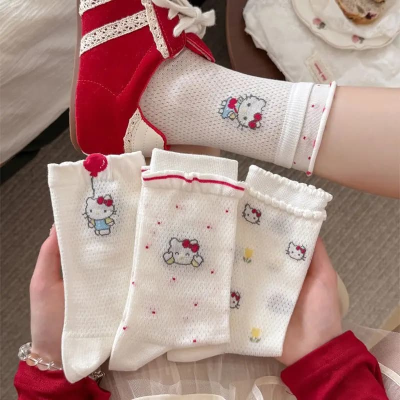 Meias Hello Kitty com Estampa de Anime e Desenho Animado Sanrio Kawaii, Meias de Verão Vazadas Respiráveis e Absorventes de Suor, Presente de Feriado para Meninas