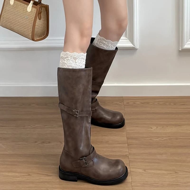 Vintage fivela de cinto feminino joelho botas altas elegante salto baixo deslizamento em sapatos outono inverno senhoras cavaleiro botas longas