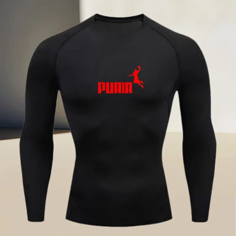 Camiseta masculina de manga comprida, gola redonda, fina, esportiva, de secagem rápida, modeladora de músculos, tecido de alta elasticidade.