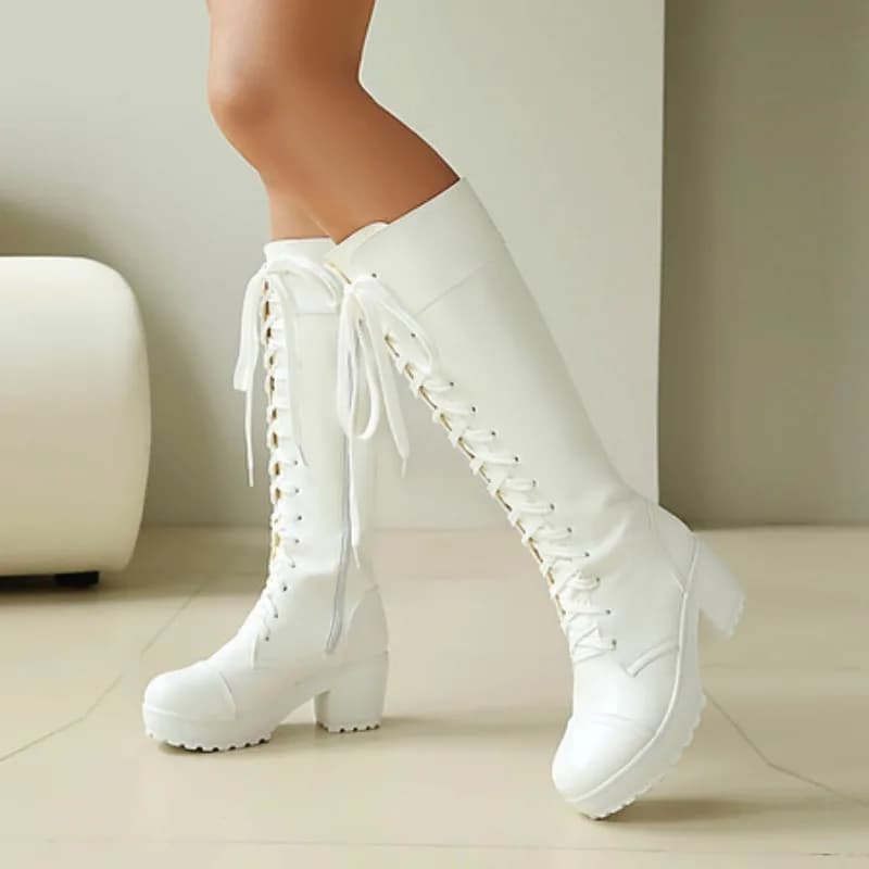 Botas de combate femininas até o joelho com cadarço e plataforma grossa Botas góticas plus size 34-48
