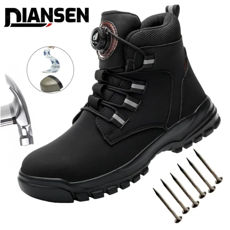 Botas de trabalho masculinas à prova d'água, segurança, biqueira de aço, sapatos indestrutíveis, palmilhas anti-esmagamento, botão rotativo, botas industriais