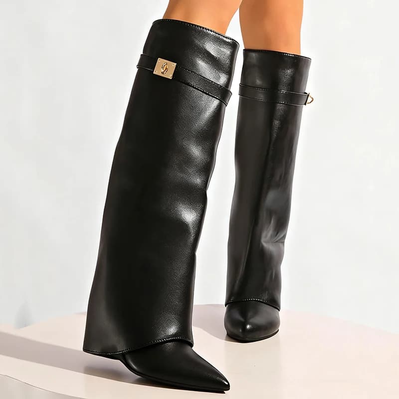 Designer altura crescente botas longas de couro das mulheres outono inverno 2025 botas de tubarão de bezerro largo mulher salto cunha joelho botas altas