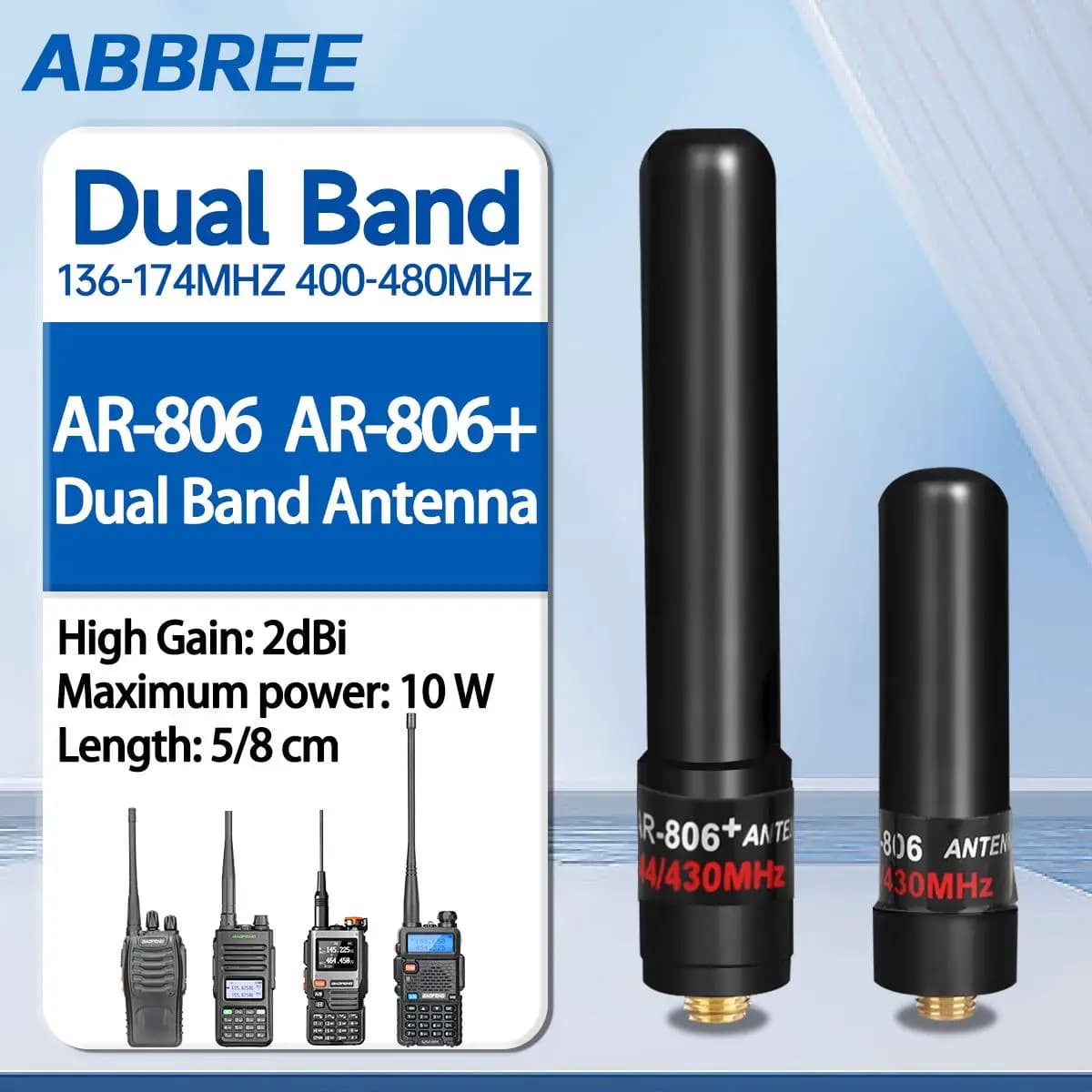 Abbree mini antena de banda dupla AR-806 sma-fêmea vhf uhf 10w alto ganho para baofeng UV-21 UV-32 UV-5RH quansheng UV-K5 rádio amador