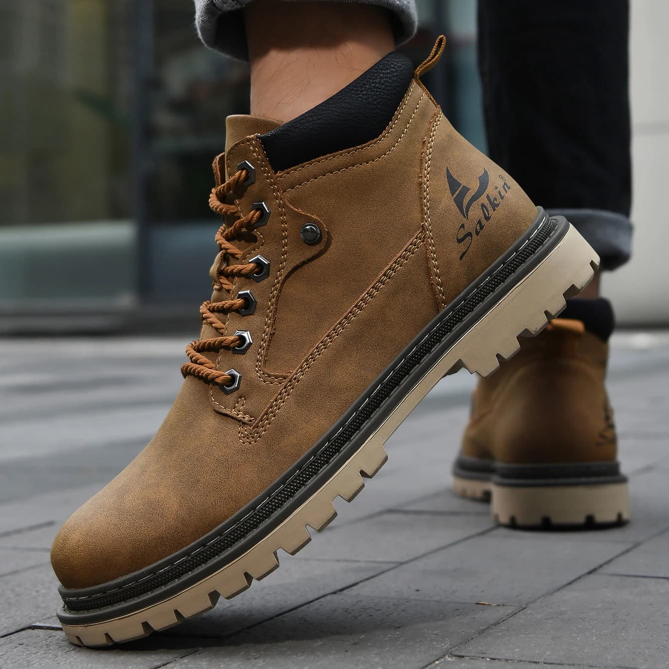 Clássico feito à mão botas de couro dos homens sapatos de trabalho ao ar livre caminhadas tênis hombres botas inverno alta superior calçado anti deslizamento