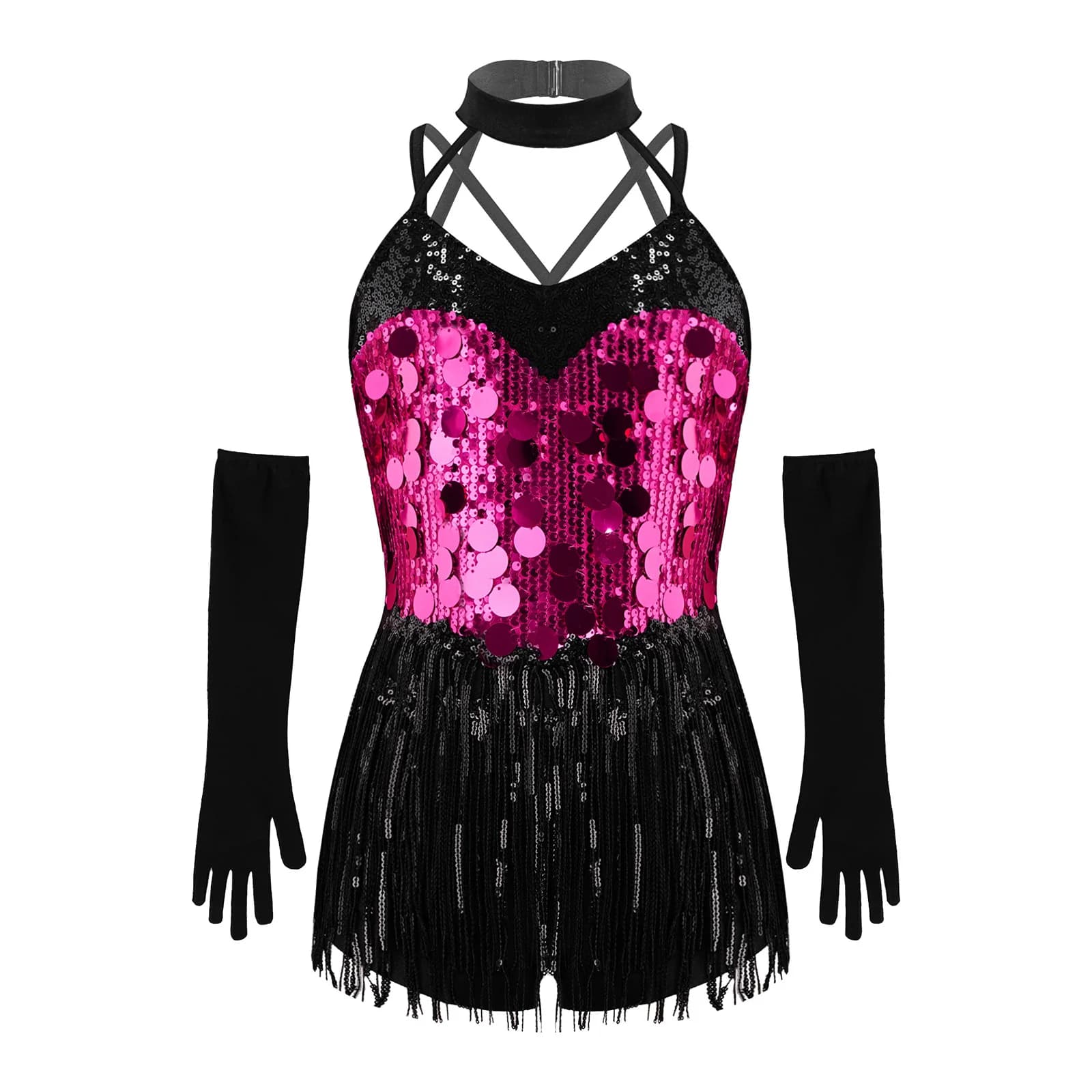 Vestido de Dança Latina para Meninas com Franjas e Lantejoulas, Halter com Alças e Luvas para Apresentações em Salão de Baile