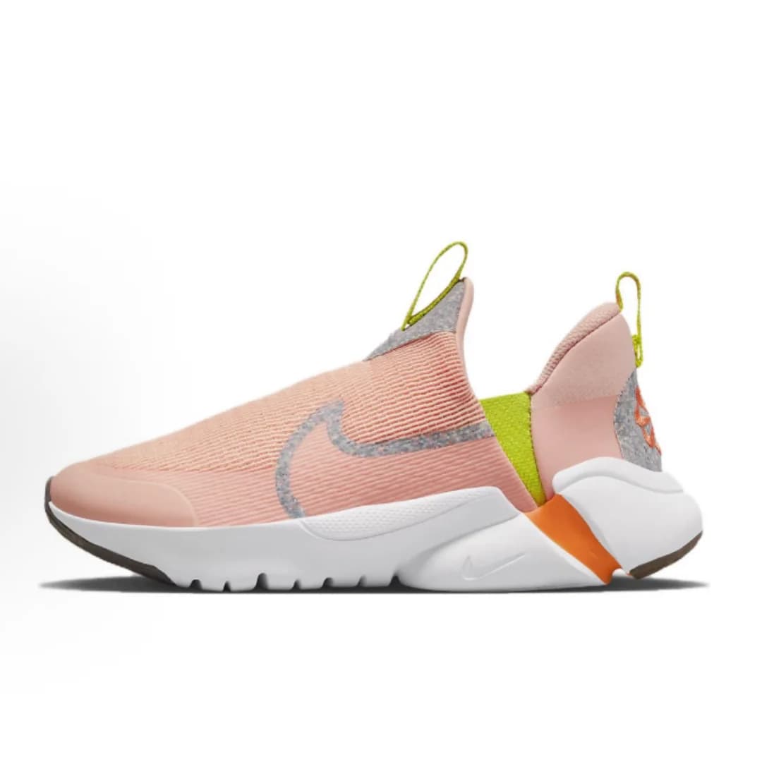 Tênis Nike Flex Plus 2 feminino rosa com design slip-on, sola branca e detalhes laranja e cinza