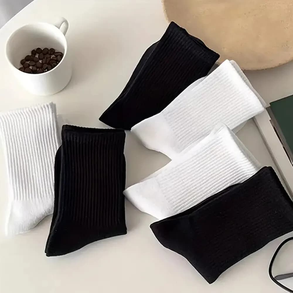7/10 pares meias de comprimento médio feminino clássico preto branco cor sólida moda casual esportes absorção de suor respirável meias masculinas