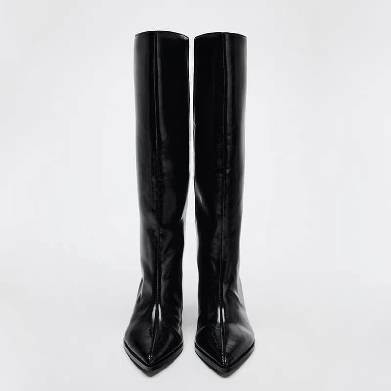 Marca designer outono novo clássico preto sexy apontou meados de bezerro botas diário escritório em casa compras botas altas de um passo botas mujer