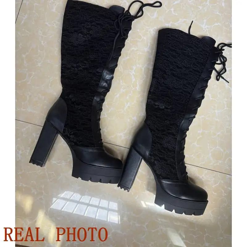 Reave cat 2025 rendas mulheres joelho botas altas dedo do pé redondo saltos grossos 11.5cm plataforma 3.5cm rendas até multi cor 49 50 botas elegantes
