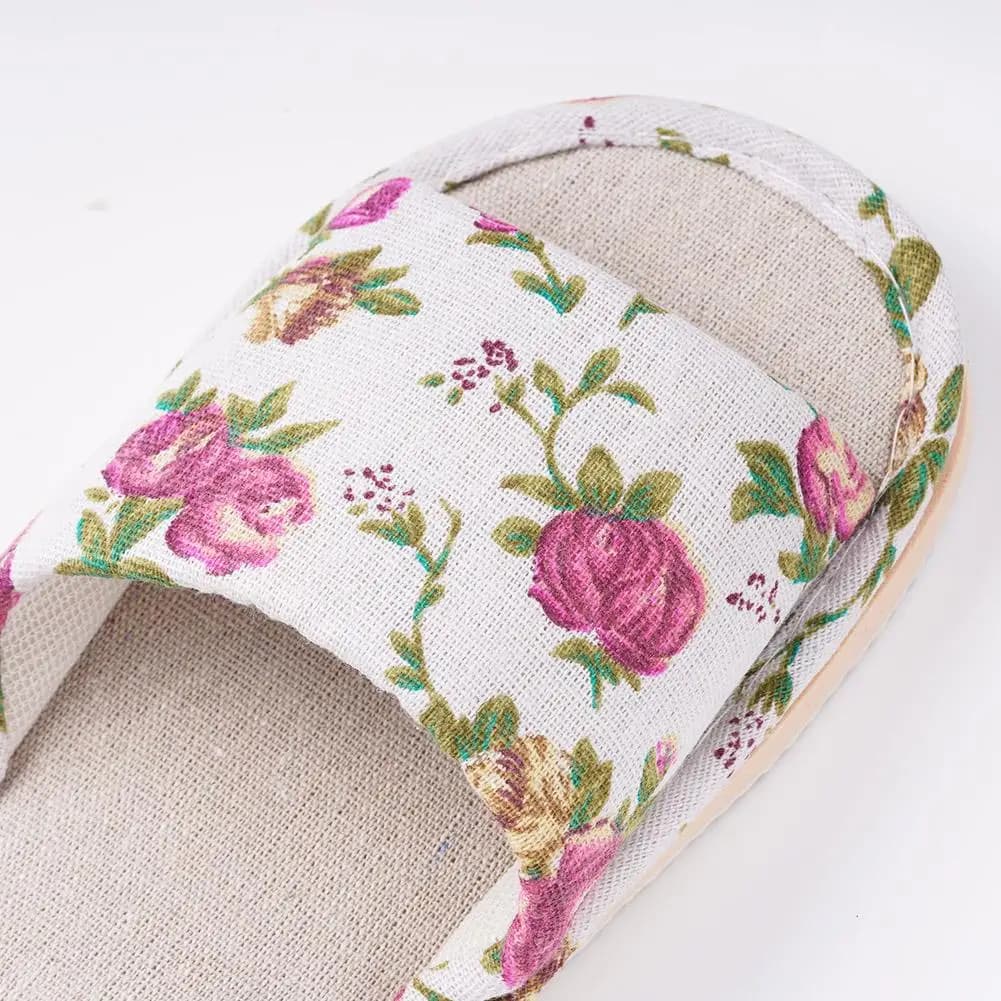 Chinelo Confortável de Linho, Sandália Antiderrapante Feminina Casual Floral para Casa, Primavera Outono