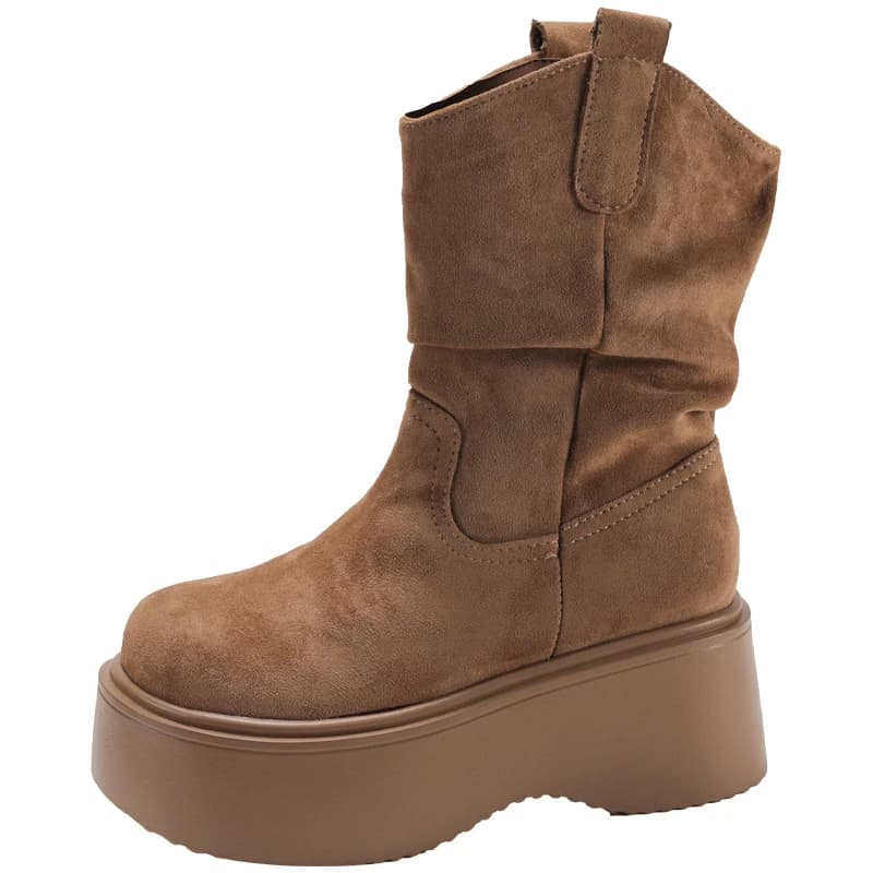 Botas Femininas de Cano Curto com Plataforma Robusta e Sola Grossa, Bico Redondo, Estilo Slip-On, Coleção Outono Inverno 2026