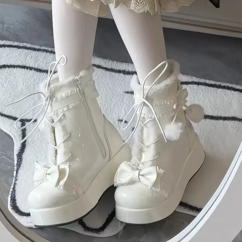 Doce inverno botas femininas arco sapatos peludos para mulher bonito couro meninas lolita botas de neve cunha aumentando botas quentes botas mujer