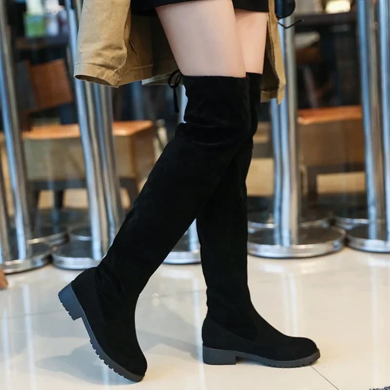 2025 camurça falsa saltos femininos outono inverno elástico joelho-botas altas para mulheres tubo rendas botas coxa preto botas
