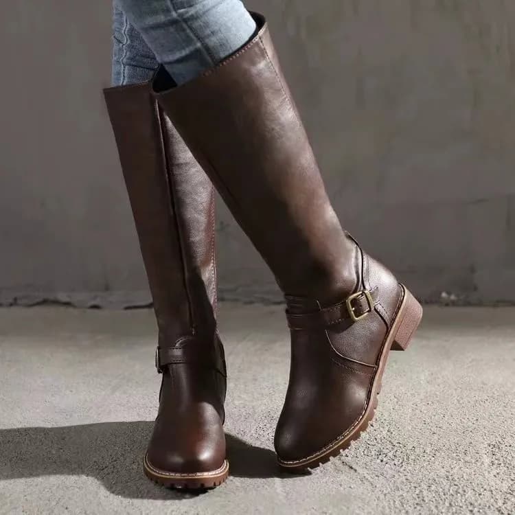 Botas de equitação femininas de inverno dedo do pé redondo salto grosso sobre o joelho botas altas femininas fivela sapatos plataforma botas mujer