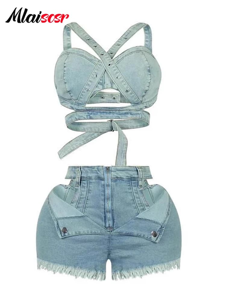 Mlaiscsr denim 2 peça conjunto feminino jeans ternos sexy oco para fora bandagem tanque colheita topos e shorts festa de praia y2k noite clubwear