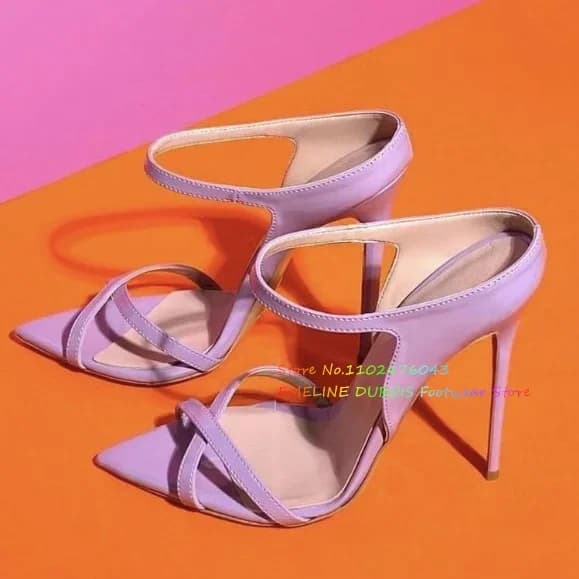 Sandália de salto alto de couro pontiagudo feminino roxo dedo do pé apontado salto stiletto estilingue deslizamento em mules elegante vestido de festa sapatos