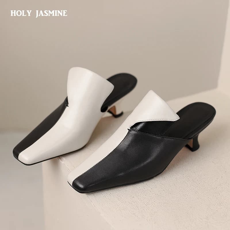2025 sandálias femininas cores misturadas qualidade couro genuíno mules salto alto senhoras do escritório sapatos concisos mulher primavera verão novo