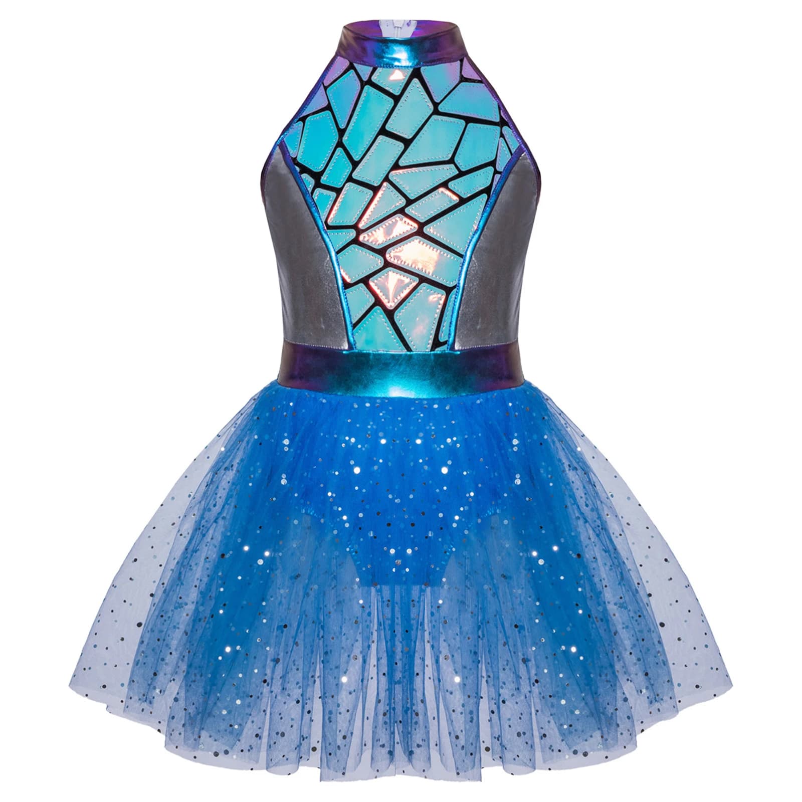 Fantasia de Halloween para Meninas: Astronauta, Cadete Espacial, Alienígena, Cosplay, com Lantejoulas Brilhantes, Metálicas, Halter, Tutu de Balé e Vestido de Robô