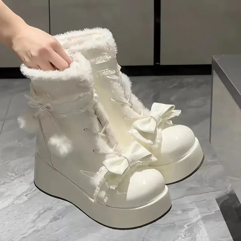 Doce inverno botas femininas arco sapatos peludos para mulher bonito couro meninas lolita botas de neve cunha aumentando botas quentes botas mujer