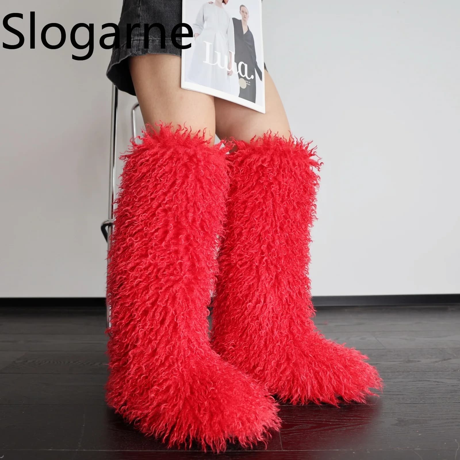 Luxo inverno pele do falso joelho botas altas mulheres lã tubo alto pele botas de neve fofo falso pele mongol sapatos plataforma meninas botas