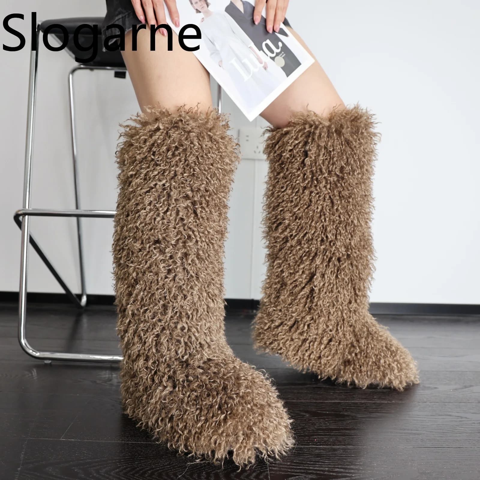 Luxo inverno pele do falso joelho botas altas mulheres lã tubo alto pele botas de neve fofo falso pele mongol sapatos plataforma meninas botas