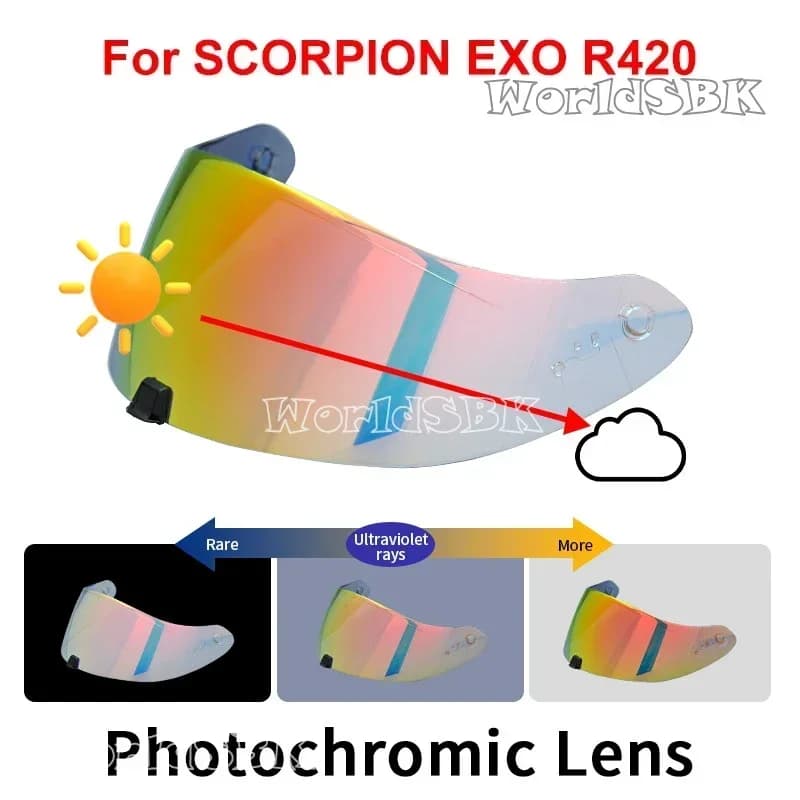 Lentes de viseira de escudo fotocromático vermelho para scorpion exo r420 capacete viseira rosto cheio viseira capacete peças de capacete de corrida