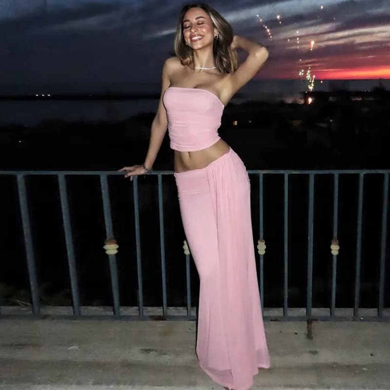 Tuularose rosa vestido longo conjunto de 2 peças sexy sem costas sem alças superior bandagem maxi saia conjunto festa de verão férias vestido feminino conjunto