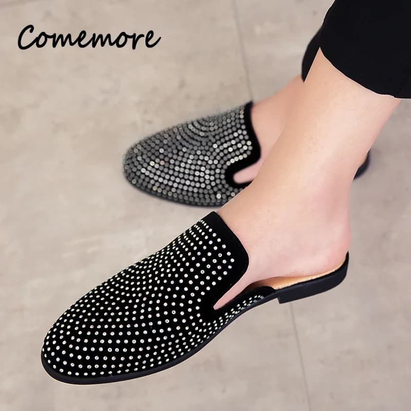 Sapatos de couro masculinos com glitter e strass, estilo casual, preto com pontos prateados