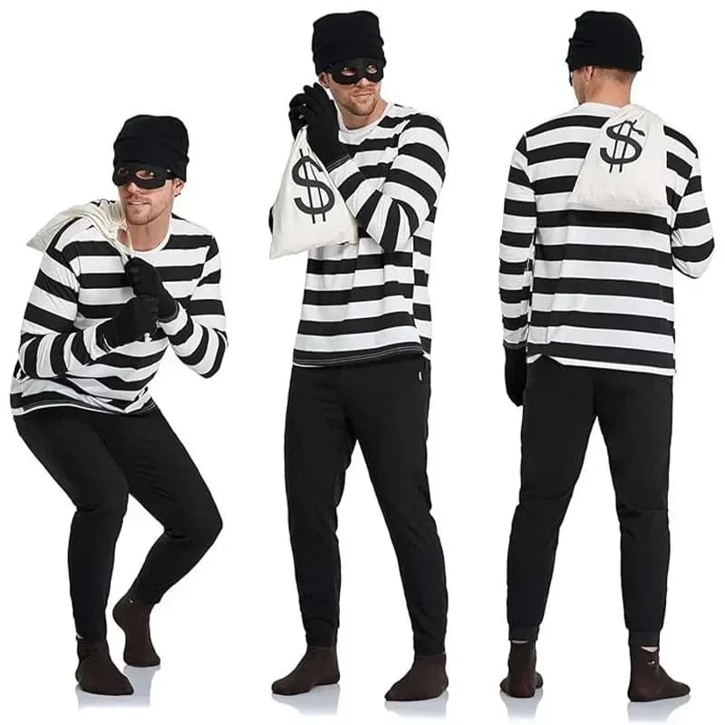 Convict ladrão cosplay traje feminino listra superior meia chapéu de malha luvas saco lona máscara olho prisioneiro carnaval festa outfit