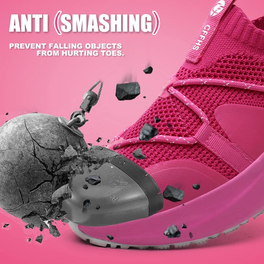 Tênis de segurança feminino rosa com biqueira de aço anti-impacto protegendo os dedos