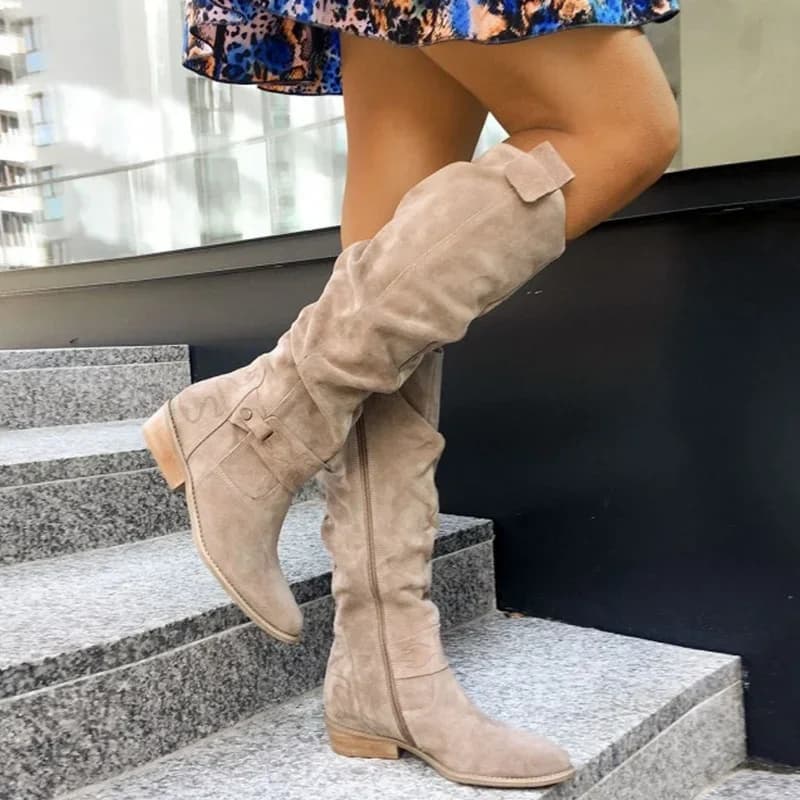 Salto baixo lado zip tamanho 43 camurça coxa alta botas femininas retro mulher botas outono inverno joelho botas altas 2024