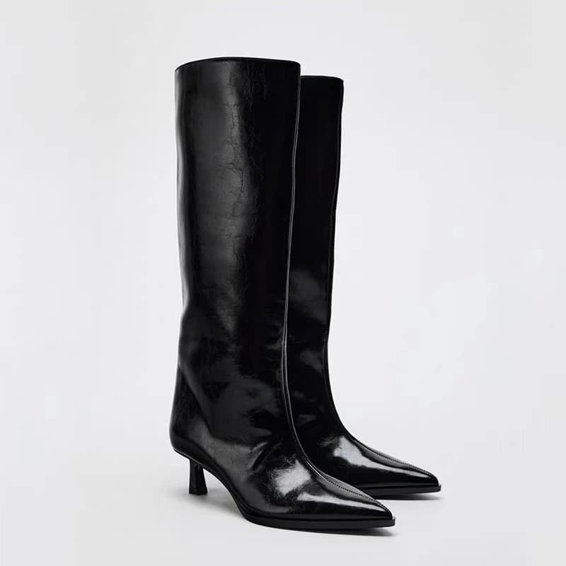 Marca designer outono novo clássico preto sexy apontou meados de bezerro botas diário escritório em casa compras botas altas de um passo botas mujer