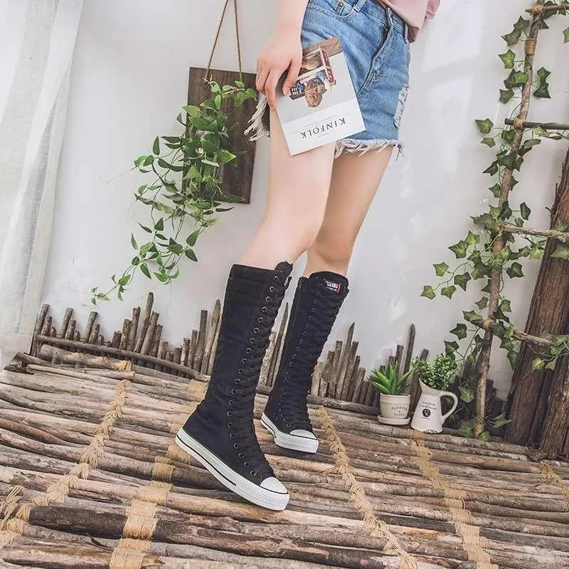 Novas mulheres joelho botas altas moda rendas sapatos de lona requintado auto cultivo sapatos de dança para mulher sapatos de grife botas mujer