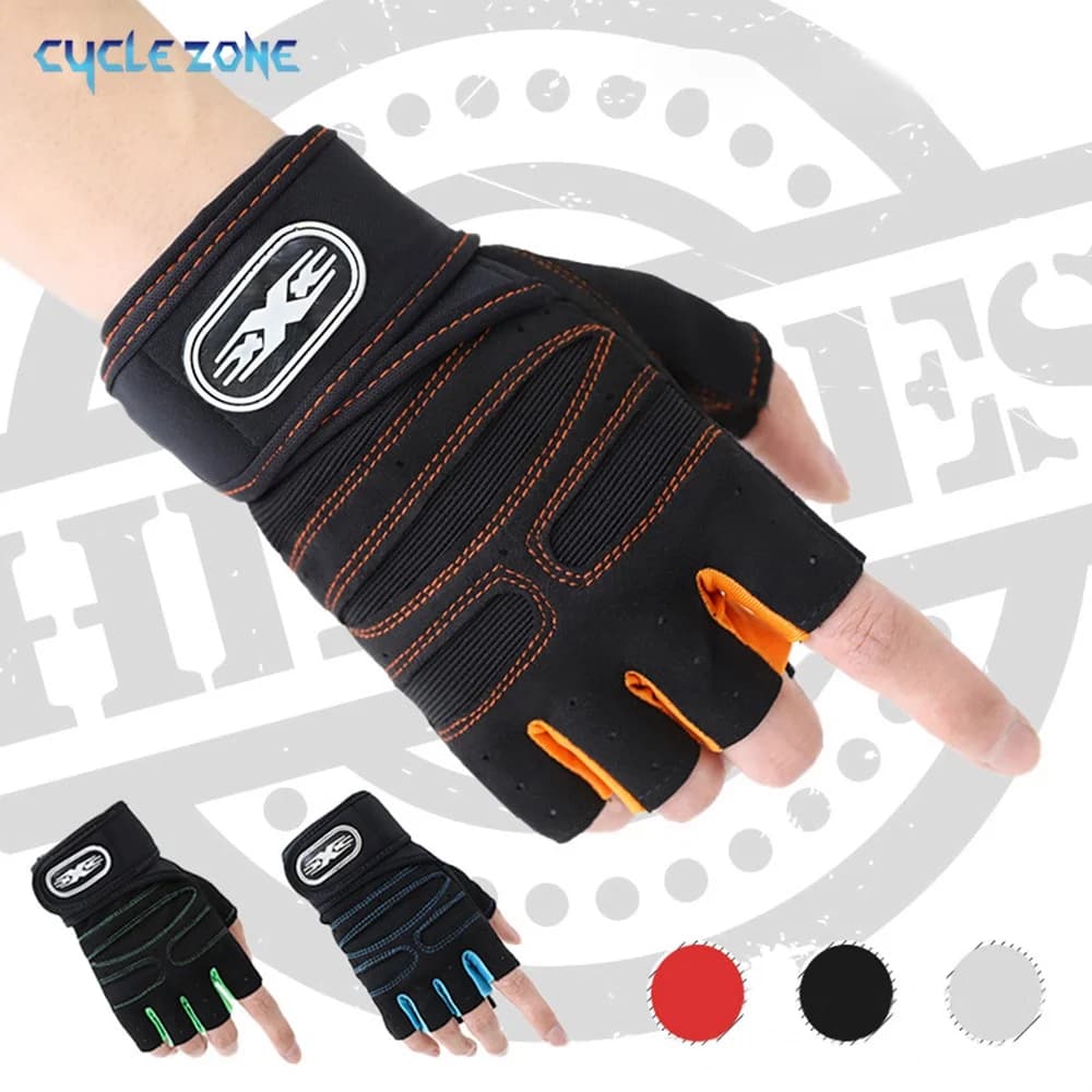 Luvas de treino para homens e mulheres, levantamento de peso, meio dedo, luva com envoltório de pulso para academia, treinamento esportivo, bicicleta, motociclista