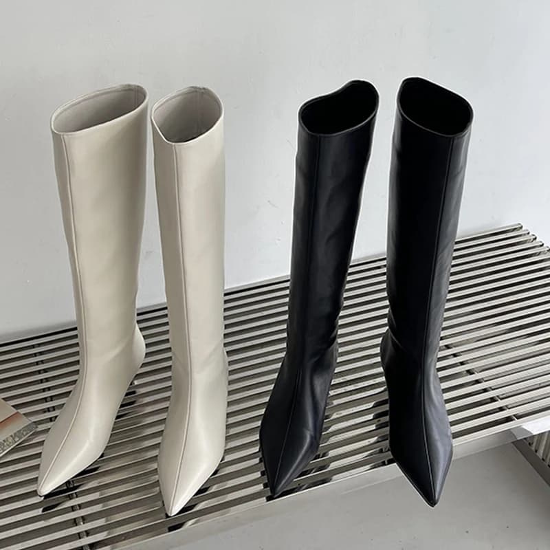 Aneikeh 2026 moda sexy apontou salto baixo joelho botas longas femininas primavera/outono plutônio costura festa bola botas ocidentais 35-42