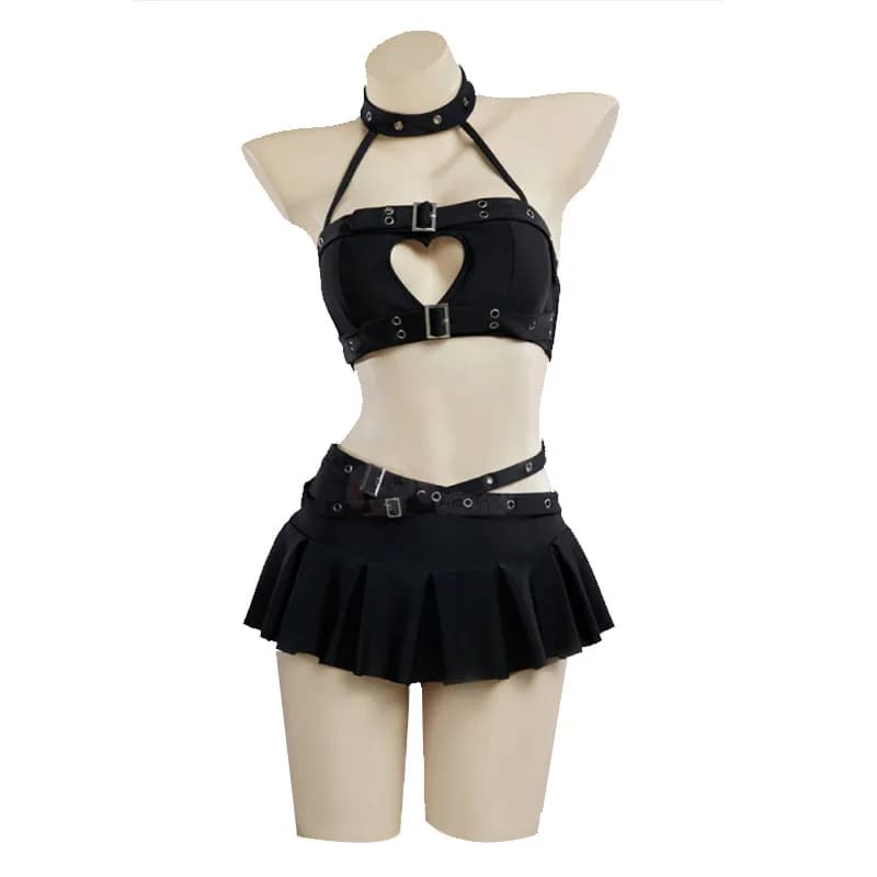 Gótico punk coração oco halter maiô feminino sexy preto duas peças mini saia terno praia conjunto de banho halloween carnaval roupas