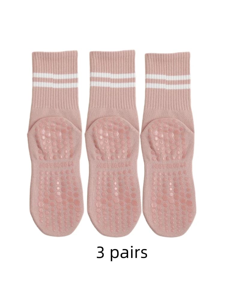 3 pares de meias de yoga, meias de comprimento médio, algodão puro antiderrapante silicone indoor fitness pilates, meias esportivas femininas atacado