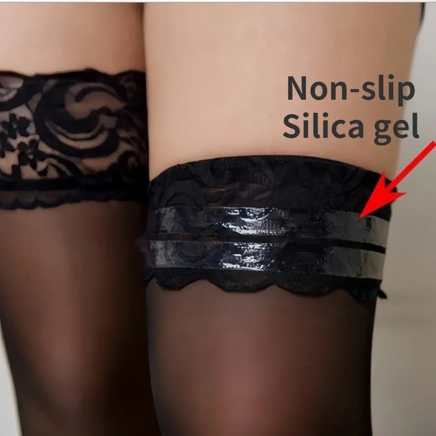 Meias de renda plus size para mulheres, macias, elásticas, sensuais, acima do joelho, longas, com antiderrapante, 3XXXL, nas cores preto, branco e vermelho.