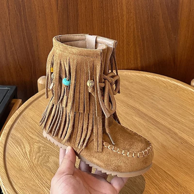 Botas moda retro meninas sapatos 2025 outono novas crianças borla tornozelo botas conforto anti deslizamento meninas botas de couro zapatos de mujer