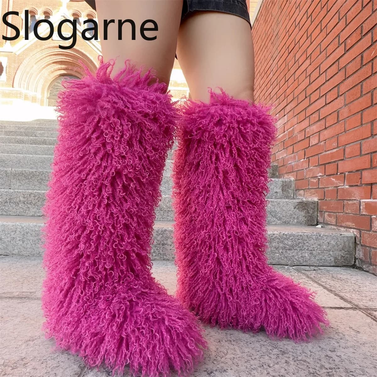 Luxo inverno pele do falso joelho botas altas mulheres lã tubo alto pele botas de neve fofo falso pele mongol sapatos plataforma meninas botas