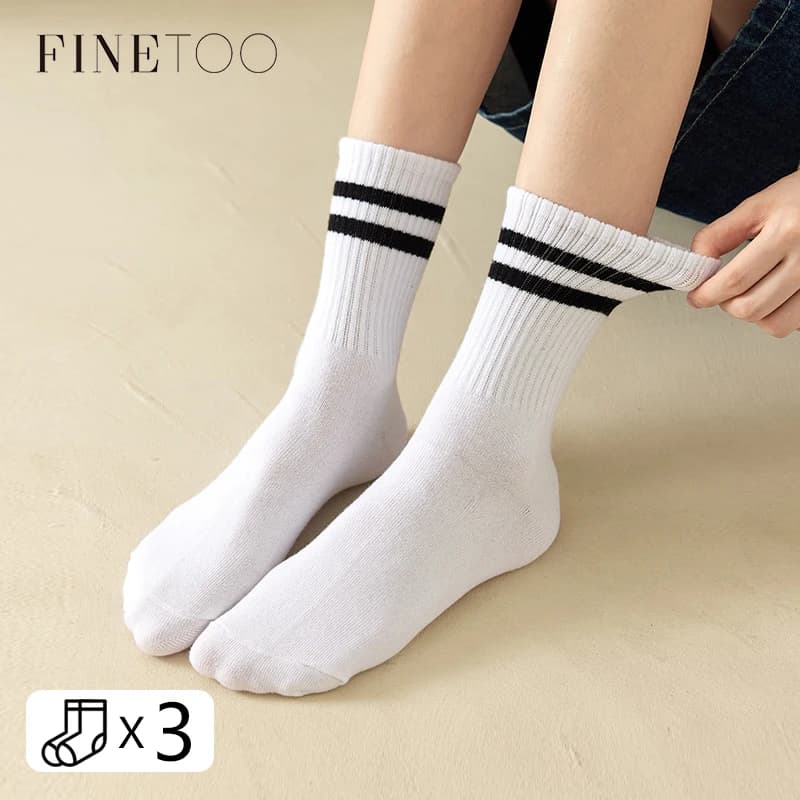 Finetoo 3 meias listradas de algodão, cores sólidas, unissex, streetwear, harajuku, preto, branco, casais, skate, malha, meias casuais