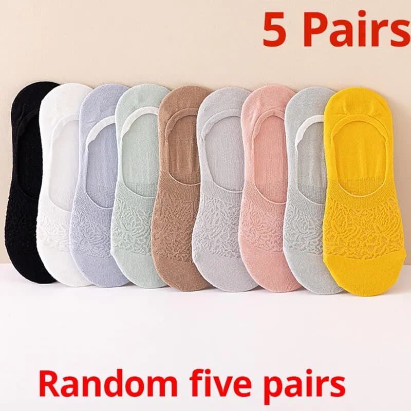 5 Pairs Verão Malha Feminina Fina Respirável Oco Meias Invisíveis Silicone Antiderrapante Meias Doces Coloridas Meias Femininas