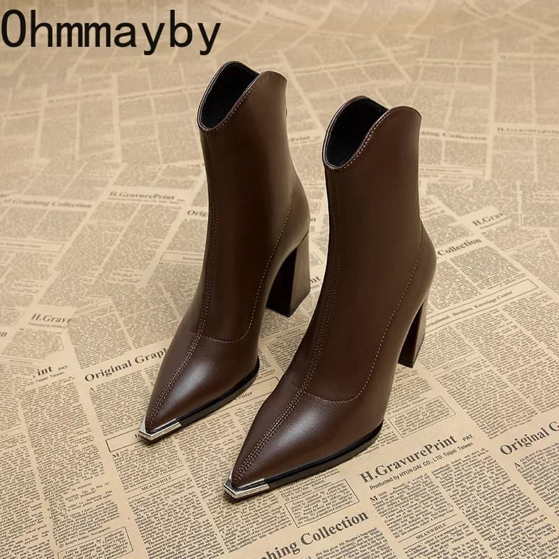 Botas de tornozelo femininas de dedo apontado moda zíperes traseiros botas curtas senhoras elegante quadrado salto alto calçados femininos de inverno