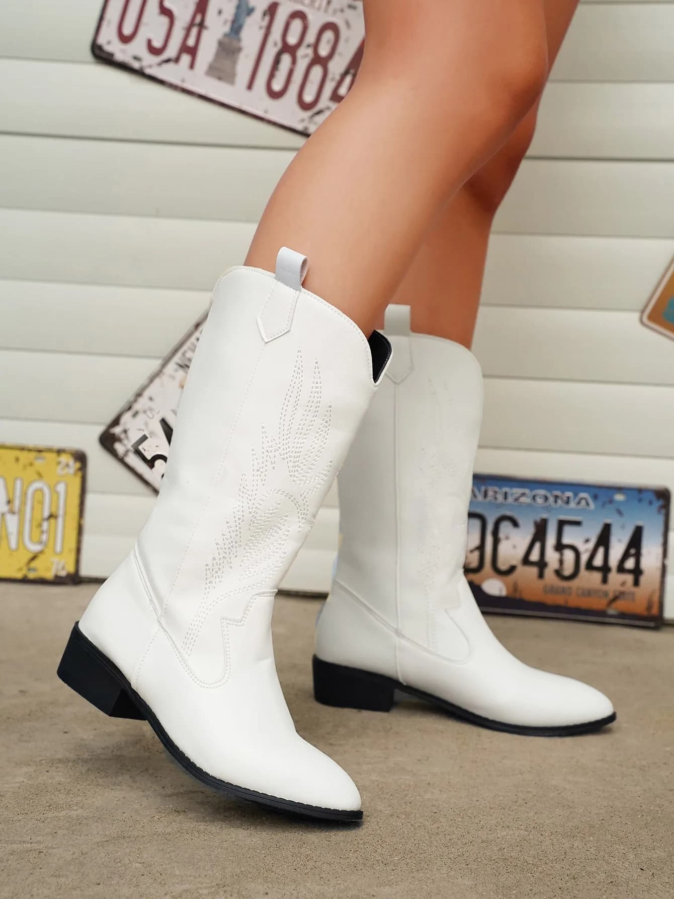 Botas femininas no meio da panturrilha, bota de vaqueiro ocidental pontiagudos prateados, preto e dourado, plus size 36-43, moda retrô