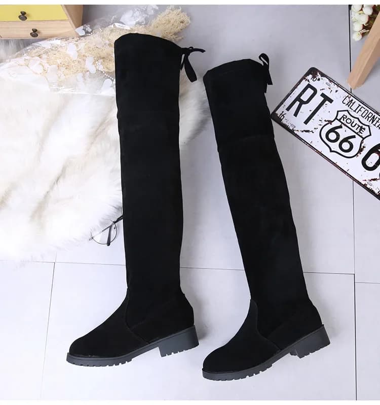 2025 camurça falsa saltos femininos outono inverno elástico joelho-botas altas para mulheres tubo rendas botas coxa preto botas