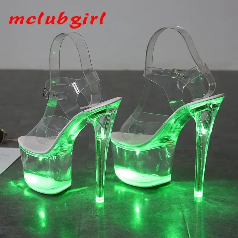 17cm mclubgirl 34-43 novos saltos boate sapatos de salto alto sandálias luminosas sapatos passarela pólo sapatos de dança fundo de cristal lfd